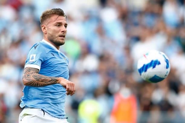 Ciro Immobile of SS Lazio controls the ball during the Serie A match between SS Lazio and AS Roma at Stadio Olimpico on September 26, 2021 in Rome,...