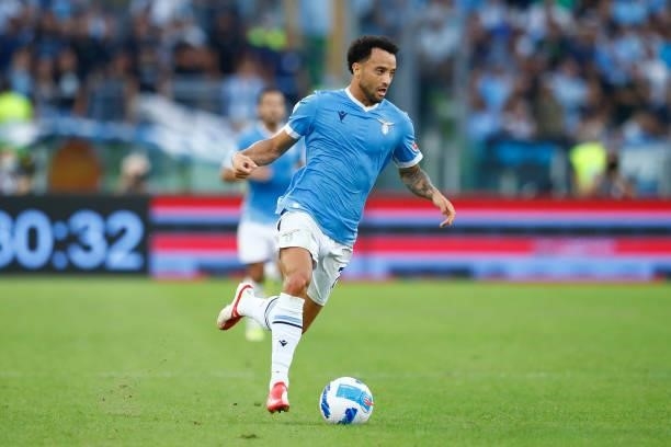 Felipe Anderson of SS Lazio controls the ball during the Serie A match between SS Lazio and AS Roma at Stadio Olimpico on September 26, 2021 in Rome,...