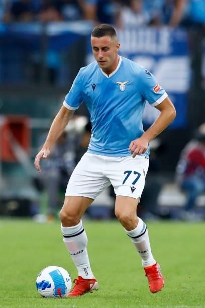 Adam Marusic of SS Lazio controls the ball during the Serie A match between SS Lazio and AS Roma at Stadio Olimpico on September 26, 2021 in Rome,...