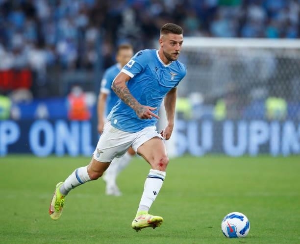 Sergej Milinkovic-Savic of SS Lazio controls the ball during the Serie A match between SS Lazio and AS Roma at Stadio Olimpico on September 26, 2021...
