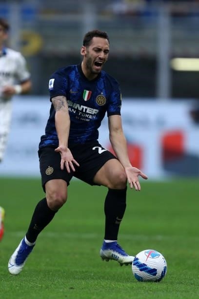 Hakan Calhanoglu of FC Internazionale looks dejected during the Serie A match between FC Internazionale and Atalanta BC at Stadio Giuseppe Meazza on...