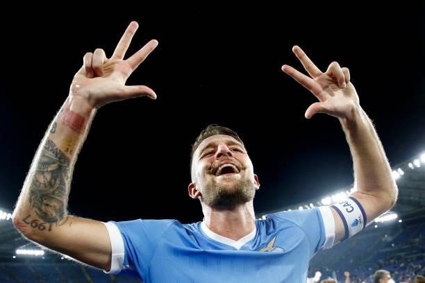 Sergej Milinkovic-Savic of SS Lazio celebrates after winning the Serie A match between SS Lazio and AS Roma at Stadio Olimpico on September 26, 2021...