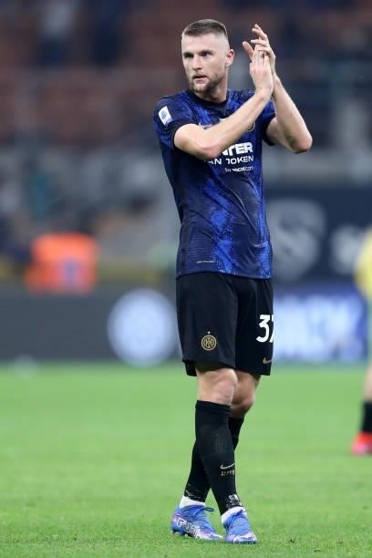 Milan Skriniar of FC Internazionale gestures during the Serie A match between FC Internazionale and Atalanta BC at Stadio Giuseppe Meazza on...