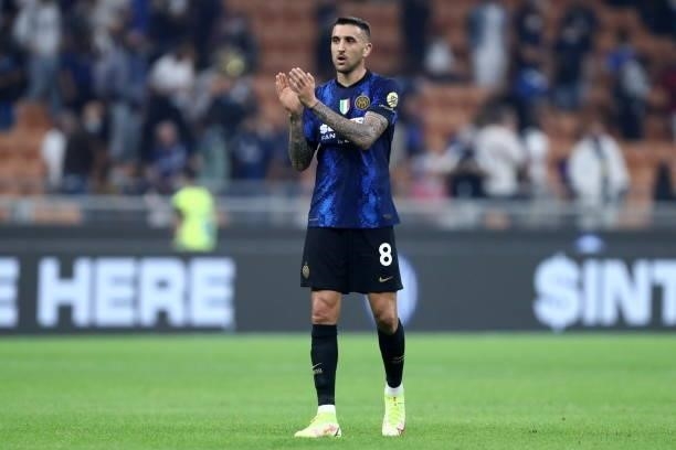 Matias Vecino of FC Internazionale gestures during the Serie A match between FC Internazionale and Atalanta BC at Stadio Giuseppe Meazza on September...