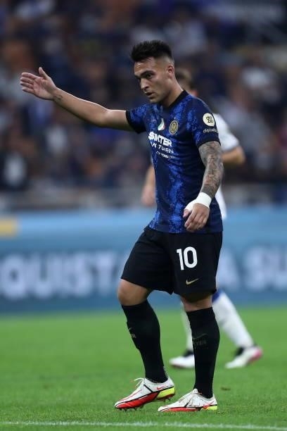 Lautaro Martinez of FC Internazionale looks on during the Serie A match between FC Internazionale and Atalanta BC at Stadio Giuseppe Meazza on...