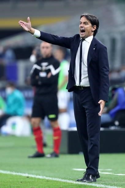 Simone Inzaghi, head coach of FC Internazionale gestures during the Serie A match between FC Internazionale and Atalanta BC at Stadio Giuseppe Meazza...