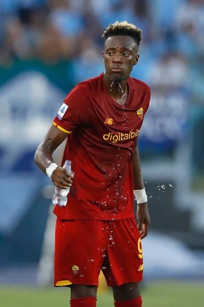 Tammy Abraham of AS Roma looks on during the Serie A match between SS Lazio and AS Roma at Stadio Olimpico on September 26, 2021 in Rome, Italy.