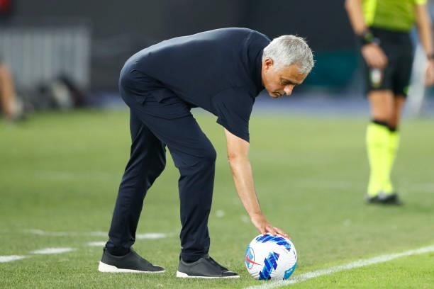 Jose Mourinho Head Coach of AS Roma gestures during the Serie A match between SS Lazio and AS Roma at Stadio Olimpico on September 26, 2021 in Rome,...