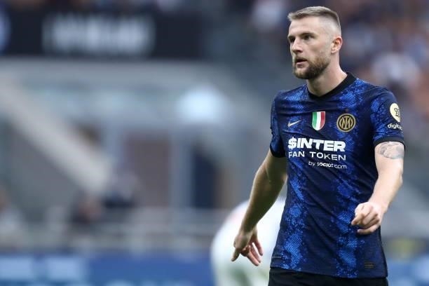 Milan Skriniar of FC Internazionale looks on during the Serie A match between FC Internazionale and Atalanta BC at Stadio Giuseppe Meazza on...