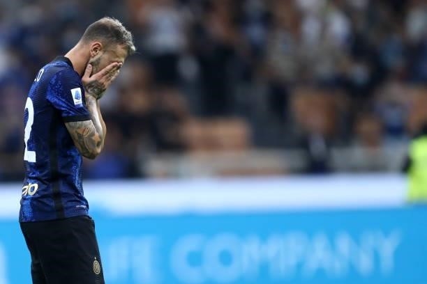 Federico Dimarco of FC Internazionale looks dejected during the Serie A match between FC Internazionale and Atalanta BC at Stadio Giuseppe Meazza on...