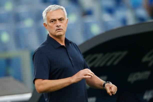 Jose Mourinho Head Coach of AS Roma looks on during the Serie A match between SS Lazio and AS Roma at Stadio Olimpico on September 26, 2021 in Rome,...