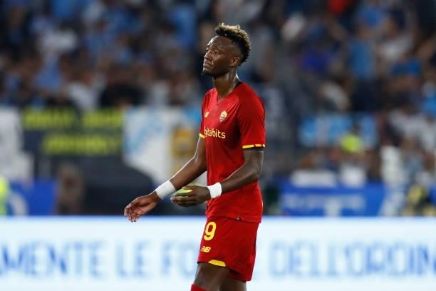 Tammy Abraham of AS Roma looks dejected during the Serie A match between SS Lazio and AS Roma at Stadio Olimpico on September 26, 2021 in Rome, Italy.