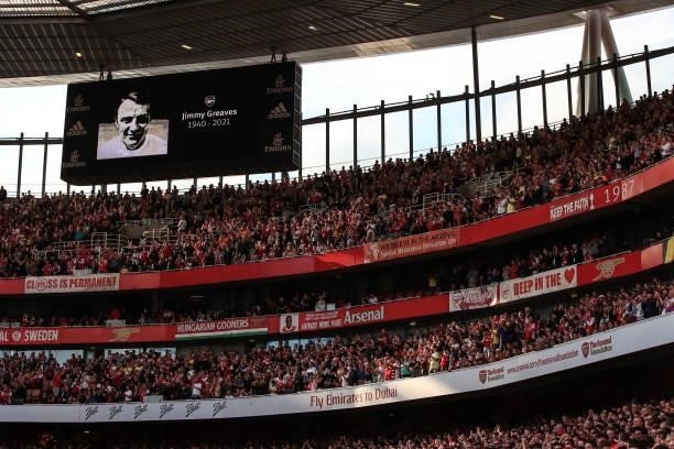 Tribute to the late Jimmy Greaves is shown on the giant screen prior to the Premier League match between Arsenal and Tottenham Hotspur at Emirates...