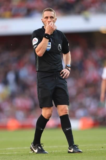 Referee Craig Pawson during the Premier League match between Arsenal and Tottenham Hotspur at Emirates Stadium on September 26, 2021 in London,...