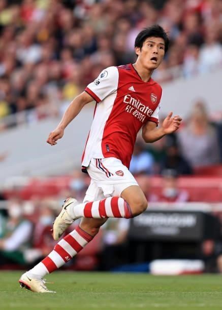 Takehiro Tomiyasu of Arsenal during the Premier League match between Arsenal and Tottenham Hotspur at Emirates Stadium on September 26, 2021 in...