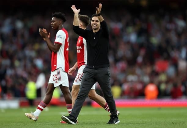 Mikel Arteta manager of Arsenal celebrates the win during the Premier League match between Arsenal and Tottenham Hotspur at Emirates Stadium on...