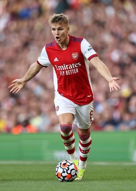 Martin Odegaard of Arsenal during the Premier League match between Arsenal and Tottenham Hotspur at Emirates Stadium on September 26, 2021 in London,...