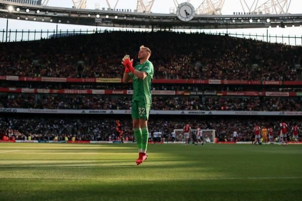 Aaron Ramsdale of Arsenal during the Premier League match between Arsenal and Tottenham Hotspur at Emirates Stadium on September 26, 2021 in London,...