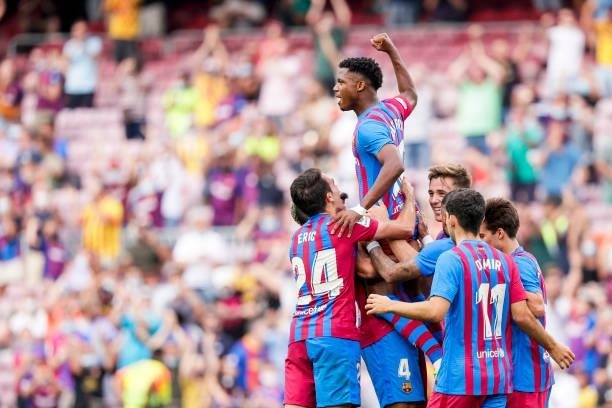 Ansu Fati of FC Barcelona celebrates goal 3-0 during the La Liga Santander match between FC Barcelona v Levante at the Camp Nou on September 26, 2021...