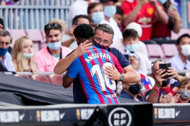 Ansu Fati of FC Barcelona with doctor of medical service of Fc Barcelona during the La Liga Santander match between FC Barcelona v Levante at the...