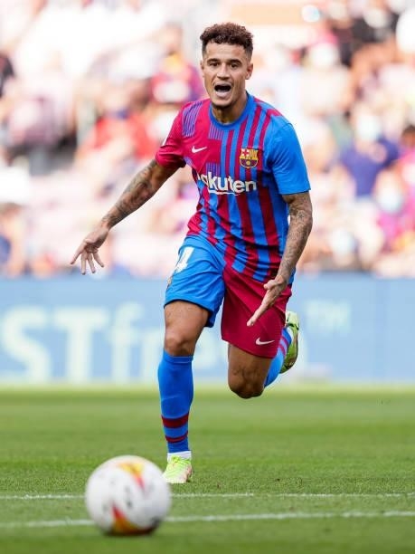 Philippe Coutinho of FC Barcelona during the La Liga Santander match between FC Barcelona v Levante at the Camp Nou on September 26, 2021 in...