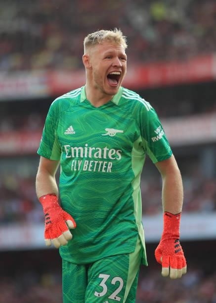 Aaron Ramsdale of Arsenal celebrates during the Premier League match between Arsenal and Tottenham Hotspur at Emirates Stadium on September 26, 2021...