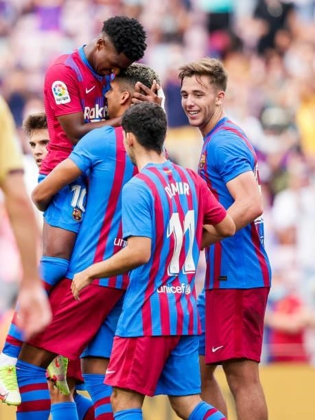 Ansu Fati of FC Barcelona celebrates goal 3-0 during the La Liga Santander match between FC Barcelona v Levante at the Camp Nou on September 26, 2021...