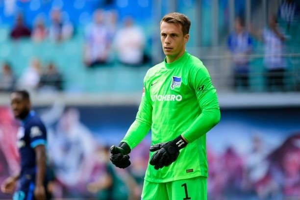 Goalkeeper Alexander Schwolow of Hertha BSC looks on during the Bundesliga match between RB Leipzig and Hertha BSC at Red Bull Arena on September 25,...