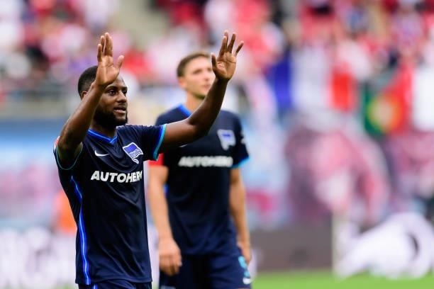 Deyovaisio Zeefuik of Hertha BSC gestures after the Bundesliga match between RB Leipzig and Hertha BSC at Red Bull Arena on September 25, 2021 in...