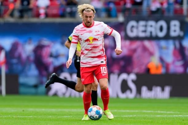 Emil Forsberg of RB Leipzig controls the ball during the Bundesliga match between RB Leipzig and Hertha BSC at Red Bull Arena on September 25, 2021...