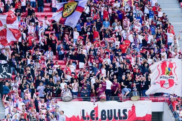 Supporters of RB Leipzig during the Bundesliga match between RB Leipzig and Hertha BSC at Red Bull Arena on September 25, 2021 in Leipzig, Germany.