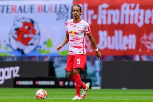 Yussuf Poulsen of RB Leipzig controls the ball during the Bundesliga match between RB Leipzig and Hertha BSC at Red Bull Arena on September 25, 2021...