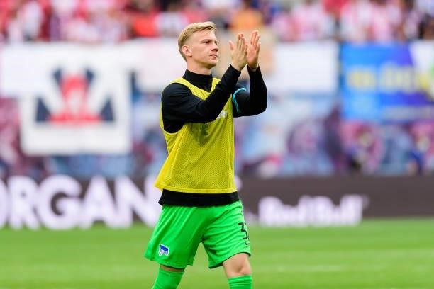 Goalkeeper Oliver Christensen of Hertha BSC gestures after the Bundesliga match between RB Leipzig and Hertha BSC at Red Bull Arena on September 25,...
