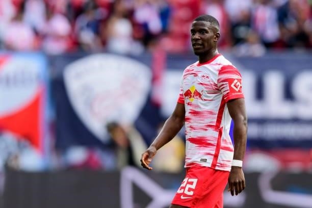 Nordi Mukiele of RB Leipzig looks on during the Bundesliga match between RB Leipzig and Hertha BSC at Red Bull Arena on September 25, 2021 in...
