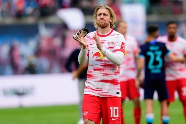 Emil Forsberg of RB Leipzig gestures after the Bundesliga match between RB Leipzig and Hertha BSC at Red Bull Arena on September 25, 2021 in Leipzig,...