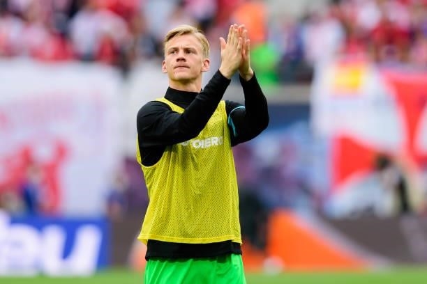 Goalkeeper Oliver Christensen of Hertha BSC gestures after the Bundesliga match between RB Leipzig and Hertha BSC at Red Bull Arena on September 25,...
