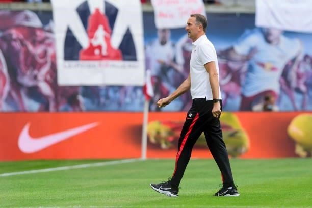 Assistant coach Achim Beierlorzer of RB Leipzig looks on prior to the Bundesliga match between RB Leipzig and Hertha BSC at Red Bull Arena on...