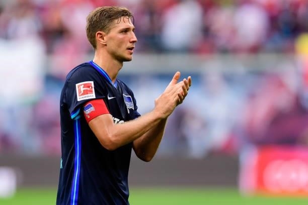 Niklas Stark of Hertha BSC gestures after the Bundesliga match between RB Leipzig and Hertha BSC at Red Bull Arena on September 25, 2021 in Leipzig,...