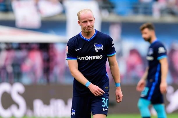 Dennis Jastrzembski of Hertha BSC looks dejected after the Bundesliga match between RB Leipzig and Hertha BSC at Red Bull Arena on September 25, 2021...