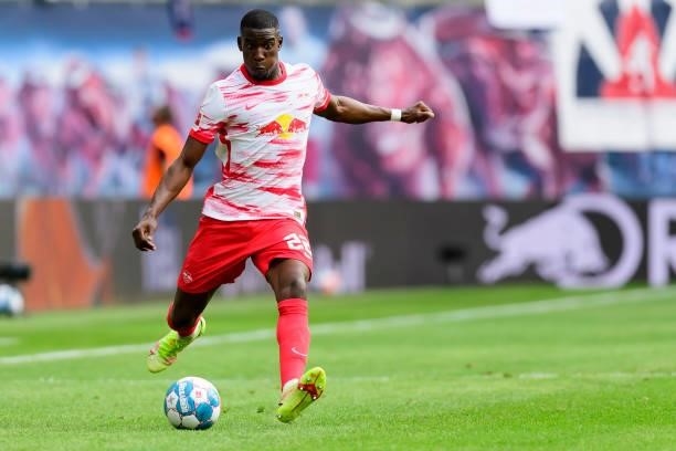 Nordi Mukiele of RB Leipzig controls the ball during the Bundesliga match between RB Leipzig and Hertha BSC at Red Bull Arena on September 25, 2021...