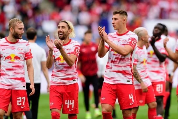 Celebrate after winning after the Bundesliga match between RB Leipzig and Hertha BSC at Red Bull Arena on September 25, 2021 in Leipzig, Germany.
