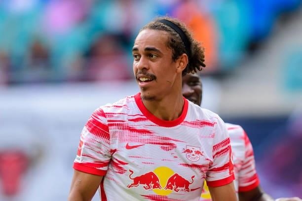 Yussuf Poulsen of RB Leipzig looks on during the Bundesliga match between RB Leipzig and Hertha BSC at Red Bull Arena on September 25, 2021 in...