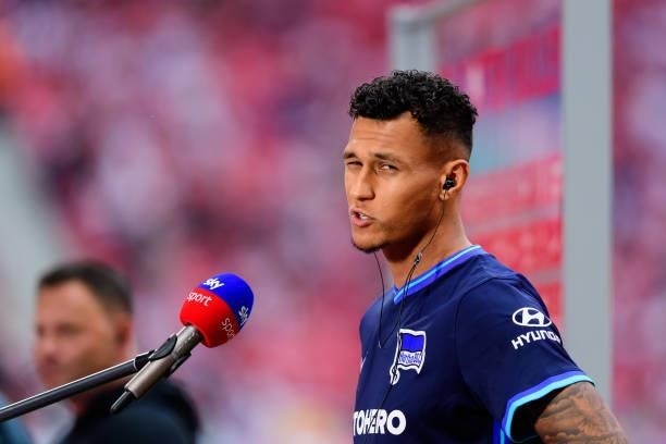 Davie Selke of Hertha BSC gives an interview after the Bundesliga match between RB Leipzig and Hertha BSC at Red Bull Arena on September 25, 2021 in...