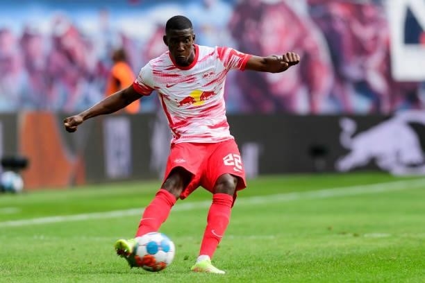 Nordi Mukiele of RB Leipzig controls the ball during the Bundesliga match between RB Leipzig and Hertha BSC at Red Bull Arena on September 25, 2021...