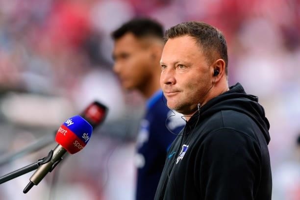 Head coach Pal Dardai of Hertha BSC looks dejected after the Bundesliga match between RB Leipzig and Hertha BSC at Red Bull Arena on September 25,...