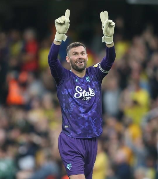 Watford's Ben Foster celebrates during the Premier League match between Watford and Newcastle United at Vicarage Road on September 25, 2021 in...