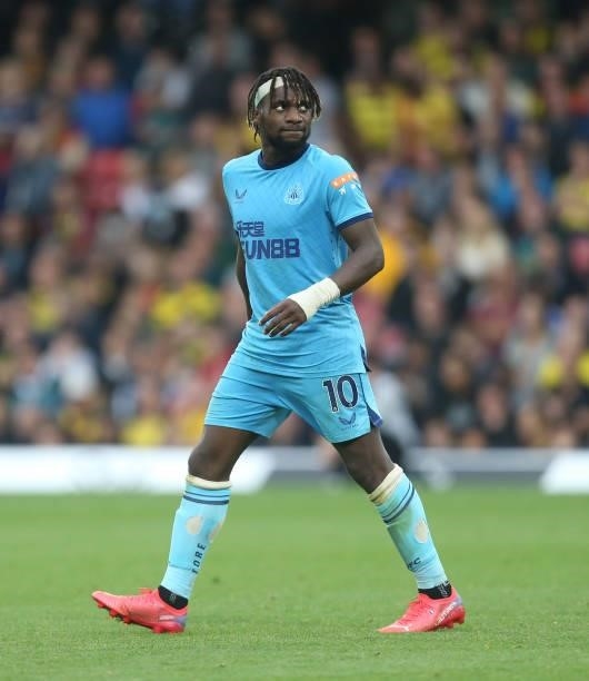 Newcastle United's Allan Saint-Maximin during the Premier League match between Watford and Newcastle United at Vicarage Road on September 25, 2021 in...