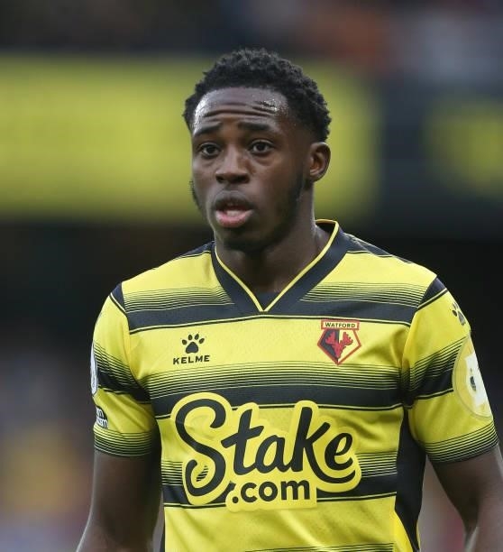 Watford's Jeremy Ngakia during the Premier League match between Watford and Newcastle United at Vicarage Road on September 25, 2021 in Watford,...