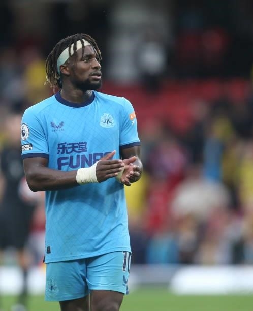 Newcastle United's Allan Saint-Maximin during the Premier League match between Watford and Newcastle United at Vicarage Road on September 25, 2021 in...