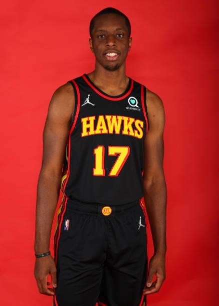 Onyeka Okongwu of the Atlanta Hawks poses for a portrait during media day at PC&E Atlanta on September 27, 2021 in Atlanta, Georgia.